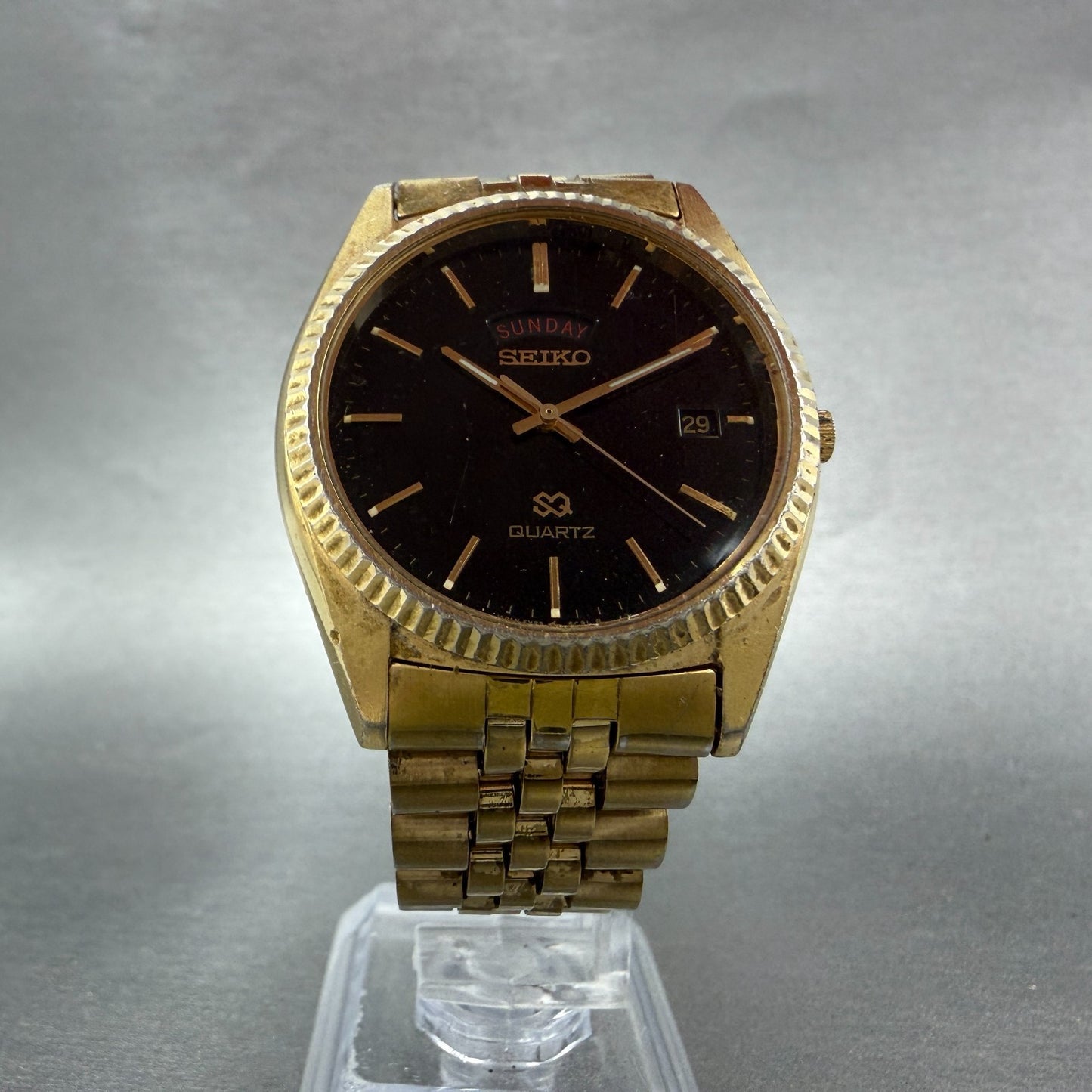 Seiko SQ President Watch Men 36mm Black Dial Gold Tone Daydate 5Y23-8A69 NewBatV5