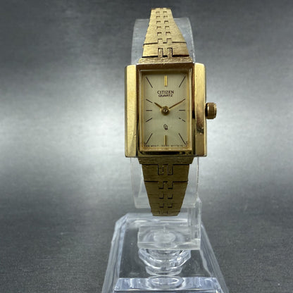 Citizen CQ Watch Women 17mm Champagne Dial Gold Tone Rectangle 3220 New Batt 5645