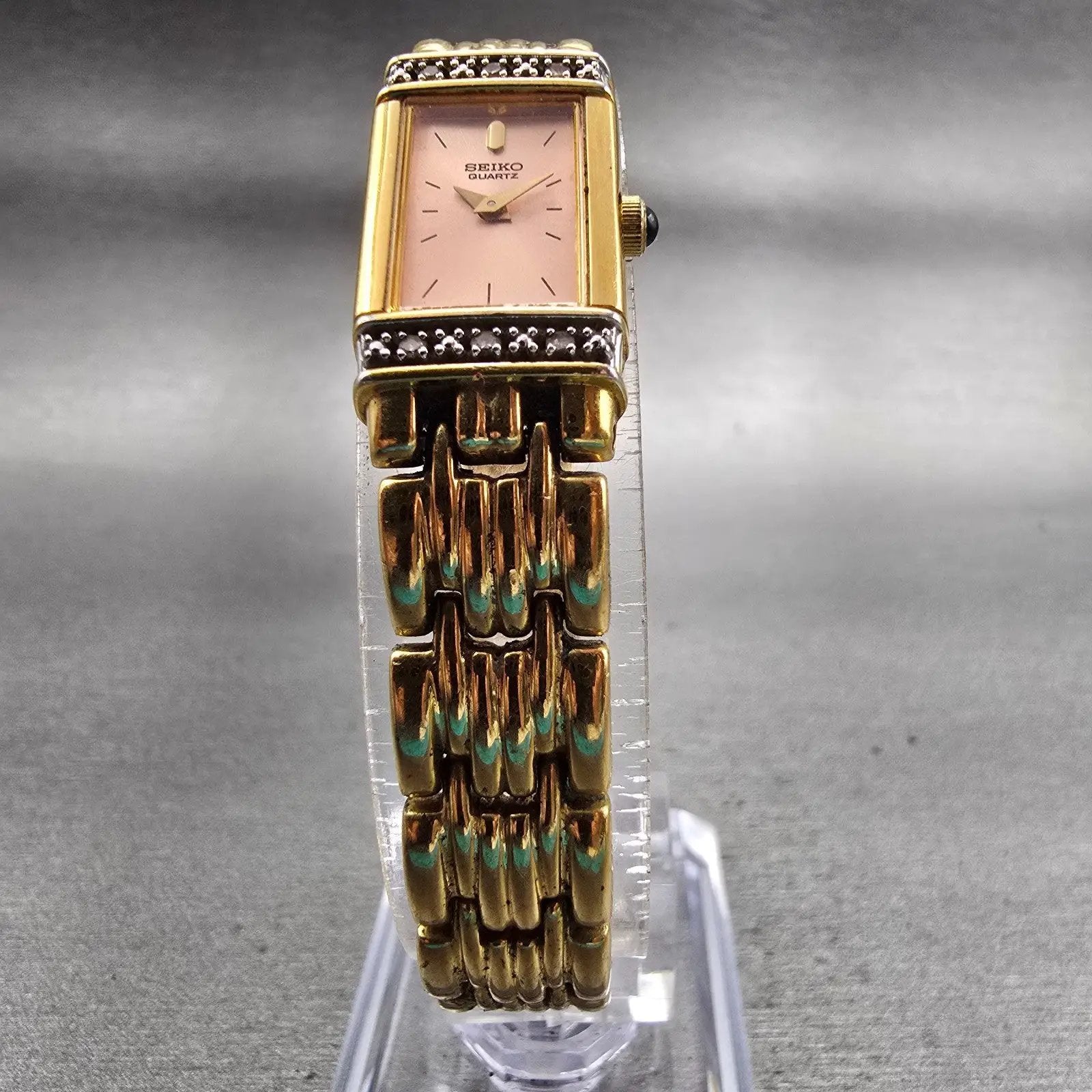Seiko Watch Women 13mm Pink Dial Gold Tone Diamonds Rectangle 2E20-7191 New Batt5