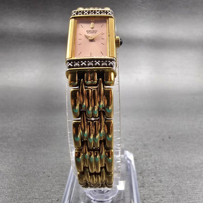 Seiko Watch Women 13mm Pink Dial Gold Tone Diamonds Rectangle 2E20-7191 New Batt5