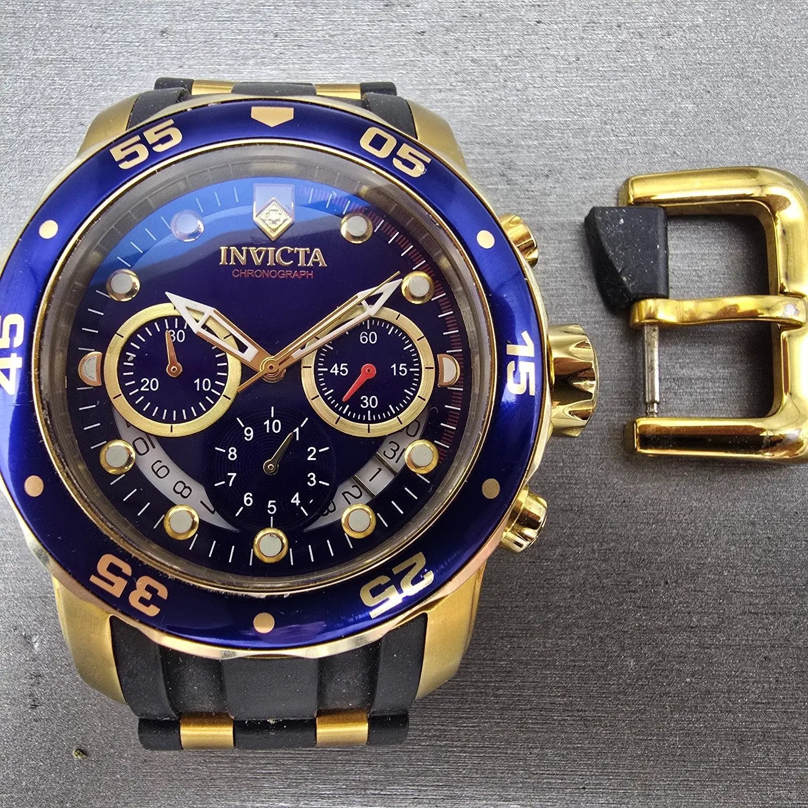 Invicta Pro Diver Chronograph Watch Men 48mm Blue Dial Gold Tone 21929 PARTS2