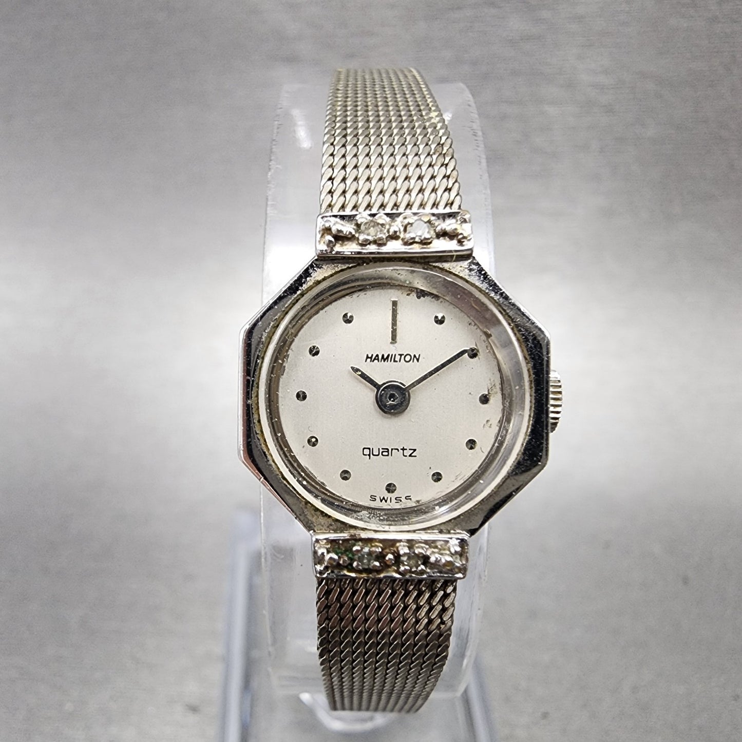 Hamilton Watch women 17mm White Dial 10K White Gold Plated Diamonds New Battery0
