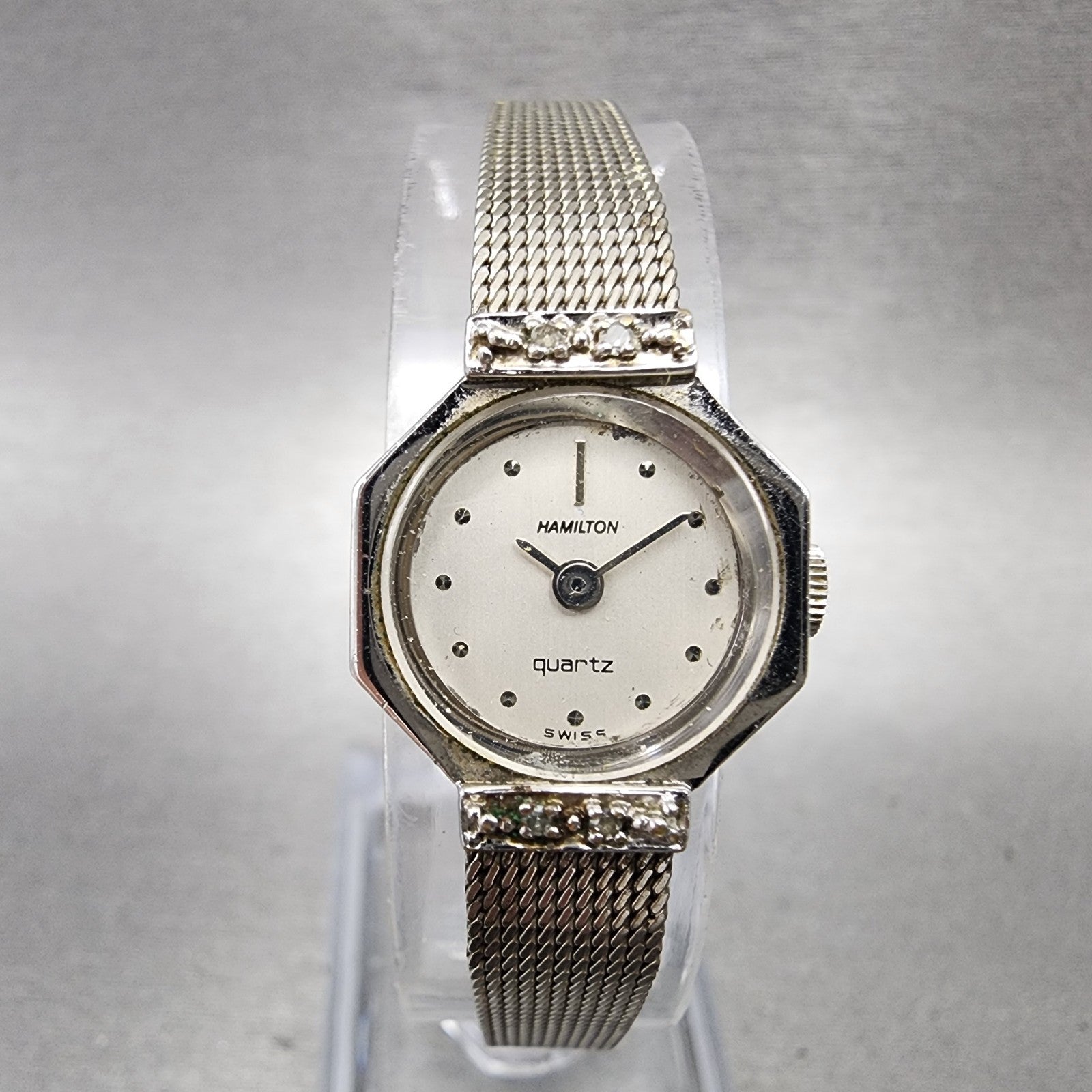 Hamilton Watch women 17mm White Dial 10K White Gold Plated Diamonds New Battery0
