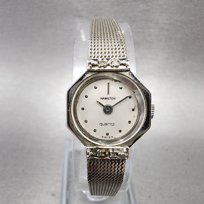 Hamilton Watch women 17mm White Dial 10K White Gold Plated Diamonds New Battery0