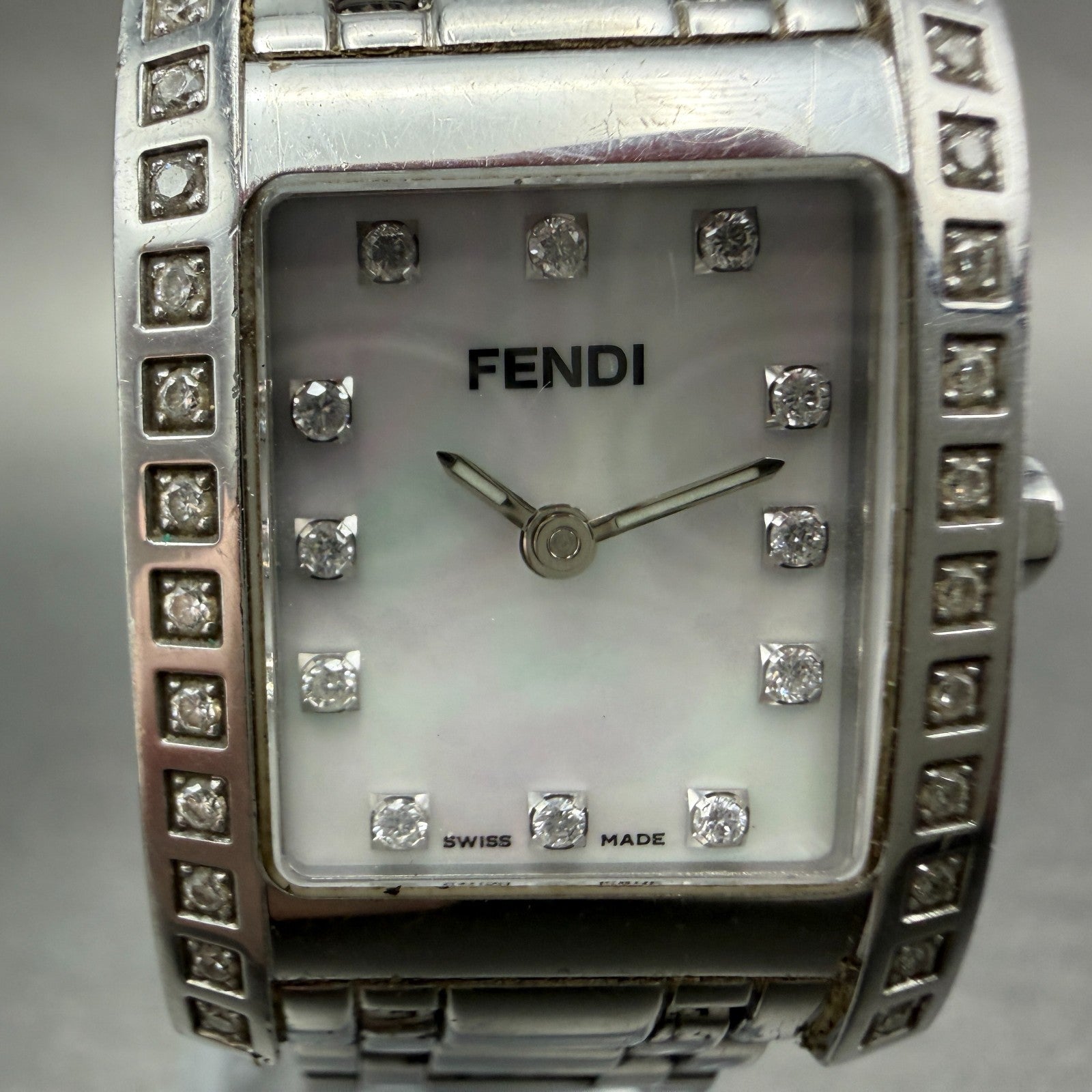 Fendi 7000L Tank Watch Women 21mm MOP Dial Steel Diamonds Rectangle New Battery1