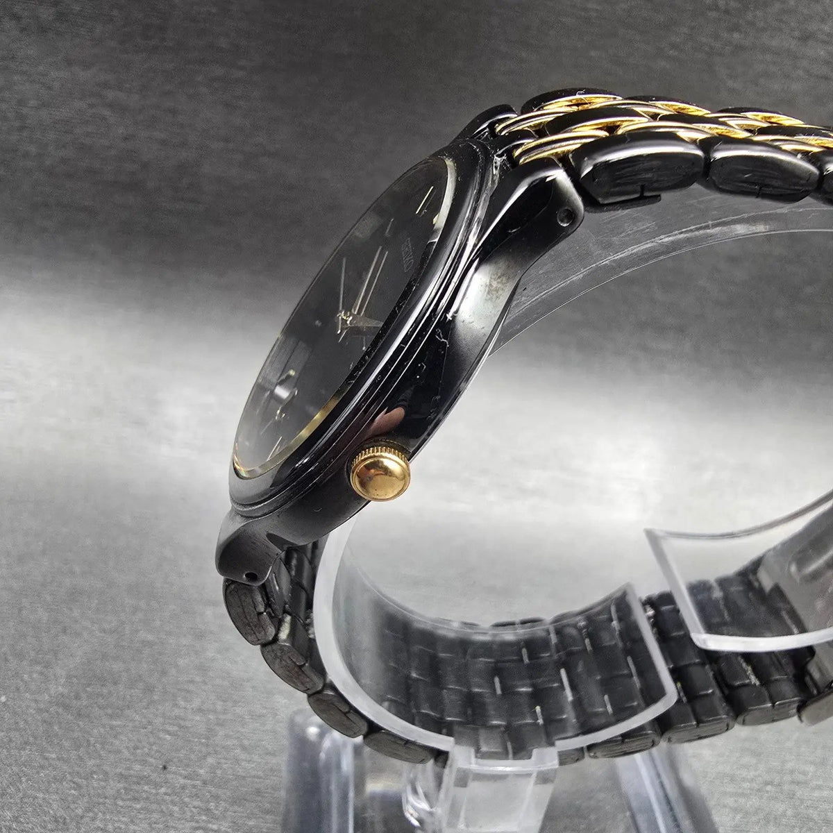 Seiko Watch Men 34mm Black Dial Black & Gold Date Round 7N22-7041 New Battery JP2