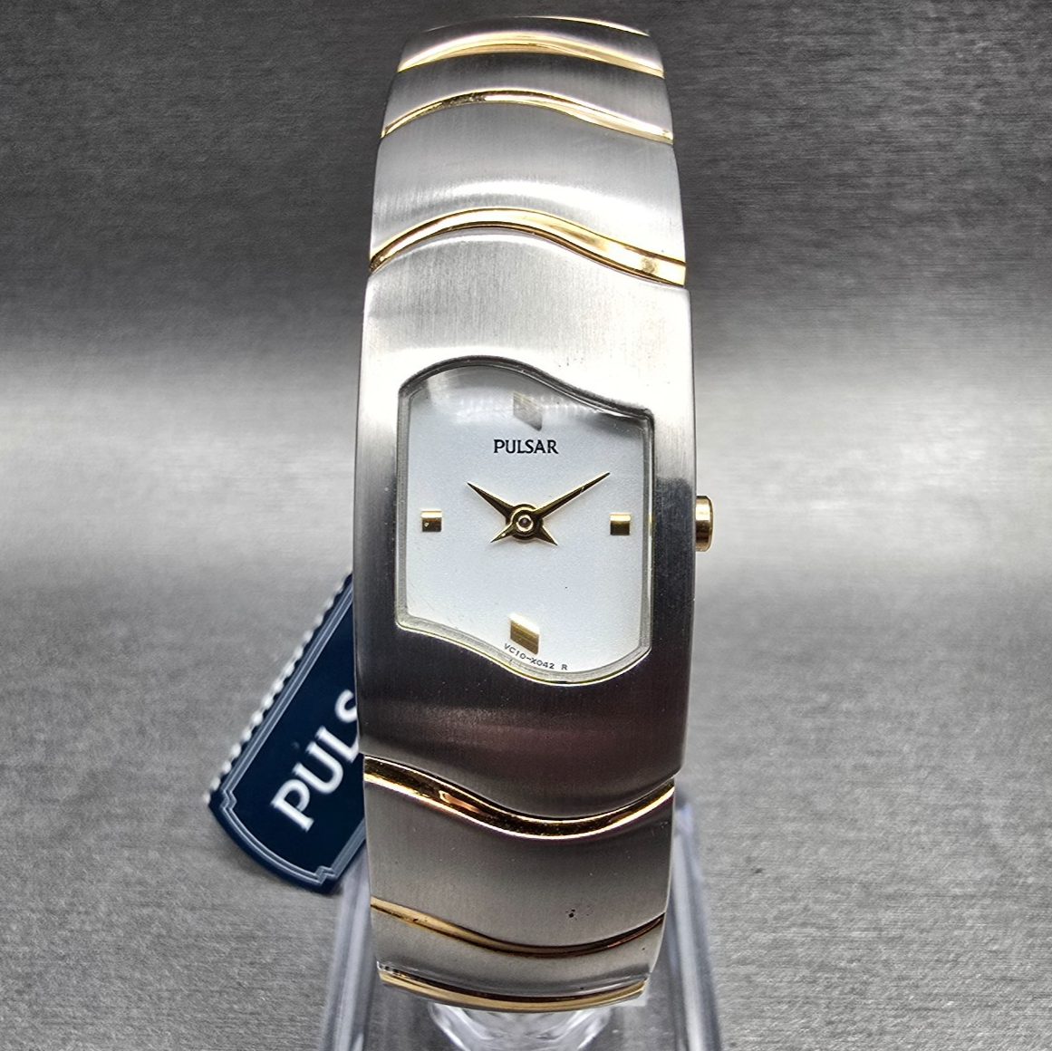 Seiko Pulsar Watch Women 18mm White Dial Two Tone Rectangle VC10-X037 New Batt0