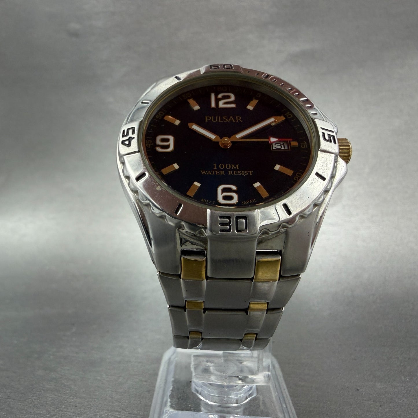 Pulsar Watch Men 42mm Blue Dial Two Tone Date Round VX42-X245 New Batetry5