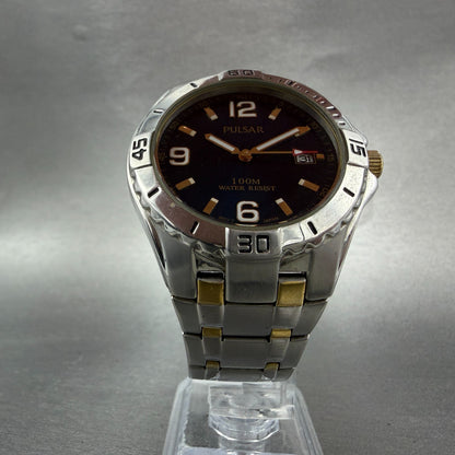 Pulsar Watch Men 42mm Blue Dial Two Tone Date Round VX42-X245 New Batetry5