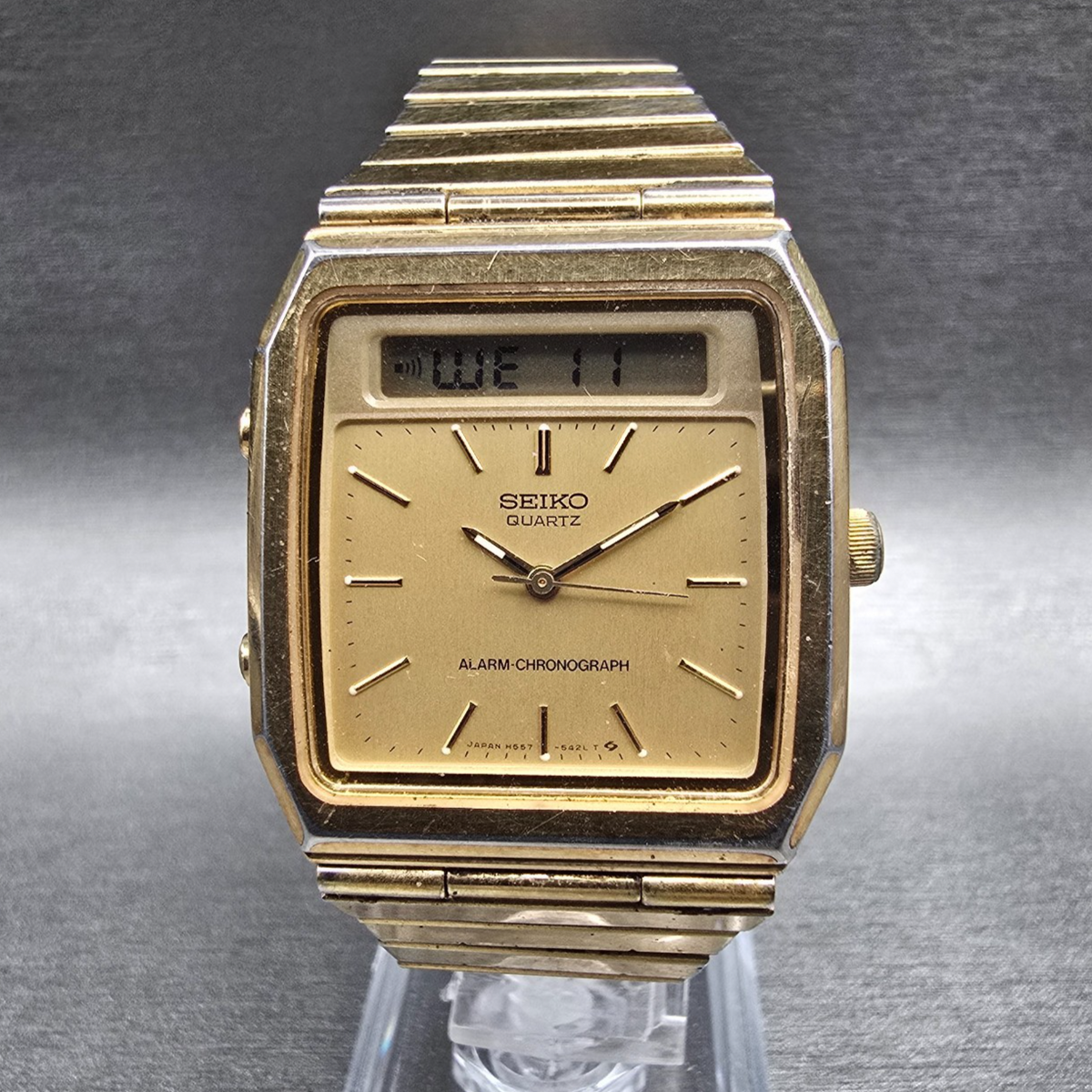 Seiko Watch Men 31mm Gold Dial Gold Tone Chrono Alarm H557-5319 New Battery0