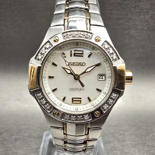 Seiko Coutura Watch Women 26mm MOP Dial Two Tone Date Diamond 7N82-0CG0 New Batt0