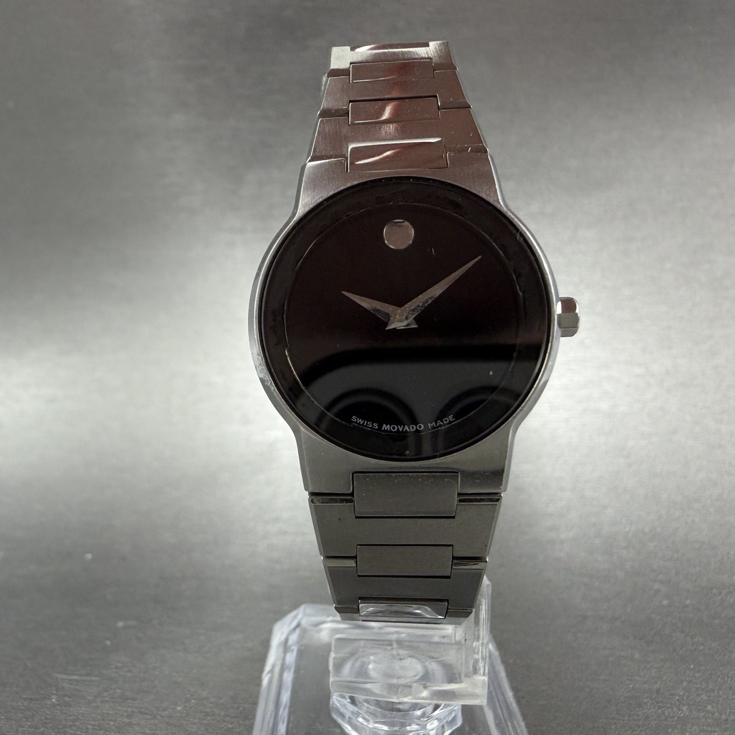 Movado Safiro Watch Women 26mm Black Dial Steel Round 0605806 New Battery ABCD5