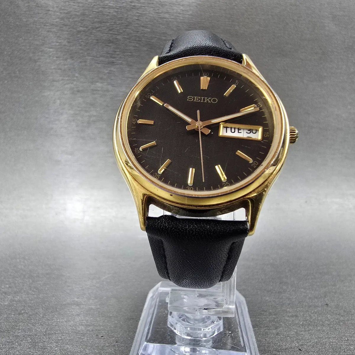 Seiko Watch Men 35mm Black Dial Gold Tone Daydate READ!!!! 7N43-8A99 New Battery5