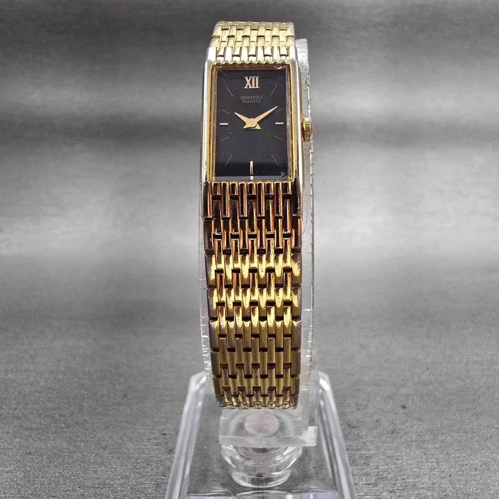 Seiko Watch Women 13mm Black Dial Gold Tone Rectangle 2E20-6709 New Battery VTG5