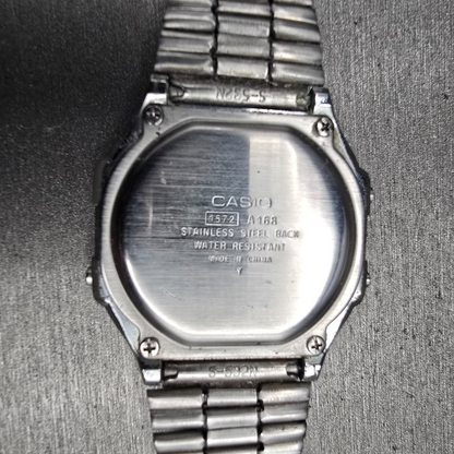 Casio A168 Digital Watch Men 36mm Black Dial Silver Tone Chrono Alarm New Batt10