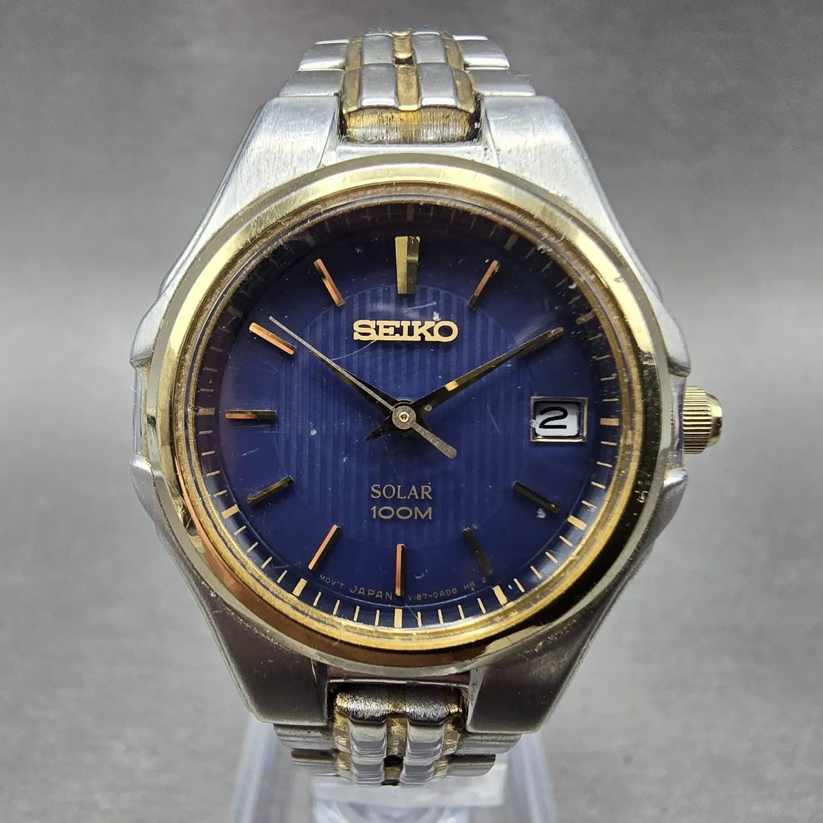 Seiko Solar Watch Women 28mm Blue Dial Two Tone Date Round V187-0AC0 Runs0