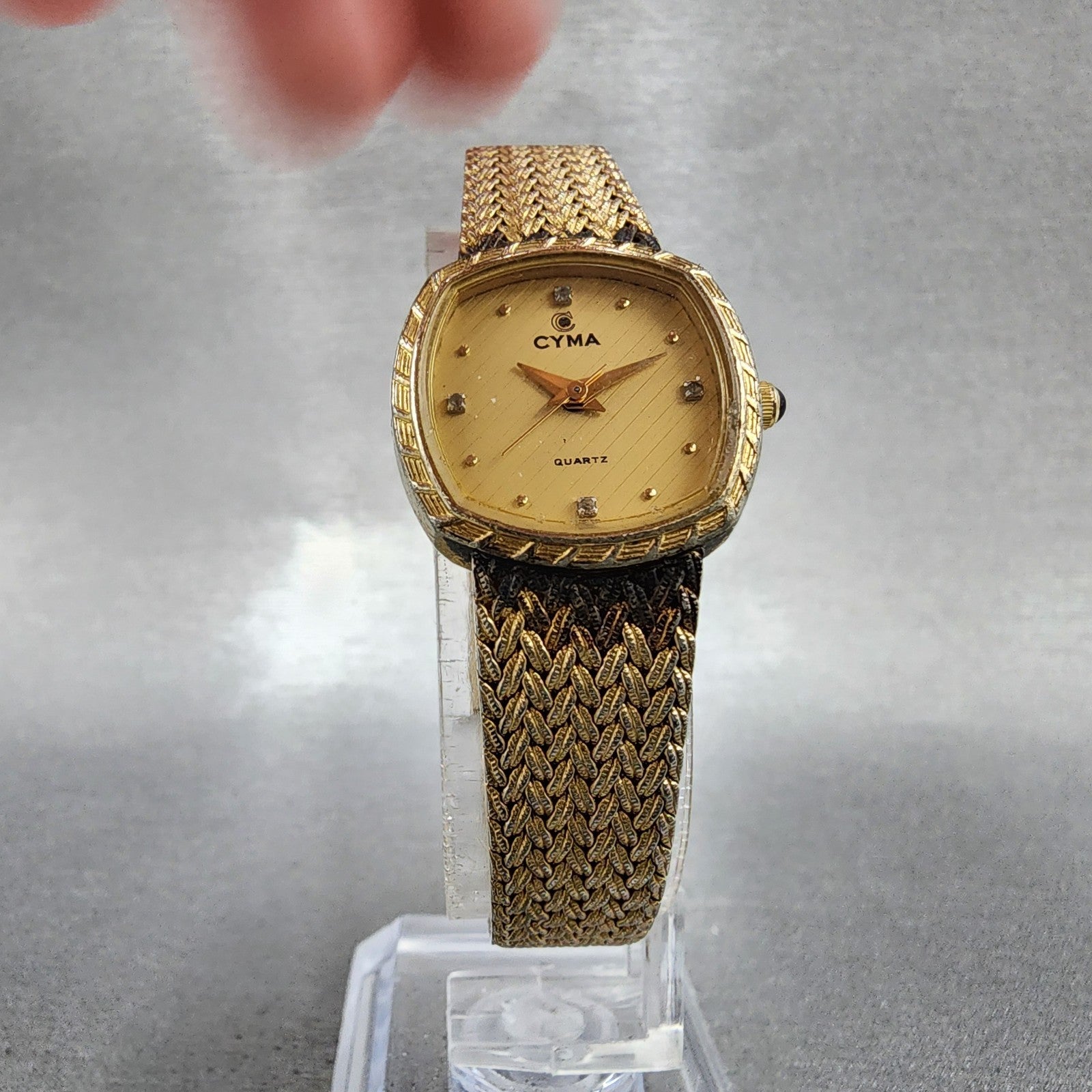 Cyma Watch Women 22mm Gold Dial Gold Tone Rectangle 616 New Battery Vintage5