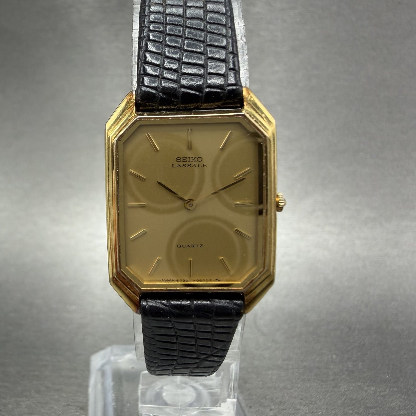 Seiko Lassale Tank Watch Women 20mm Champagne Dial Gold Tone 6730-5299 New Batt0