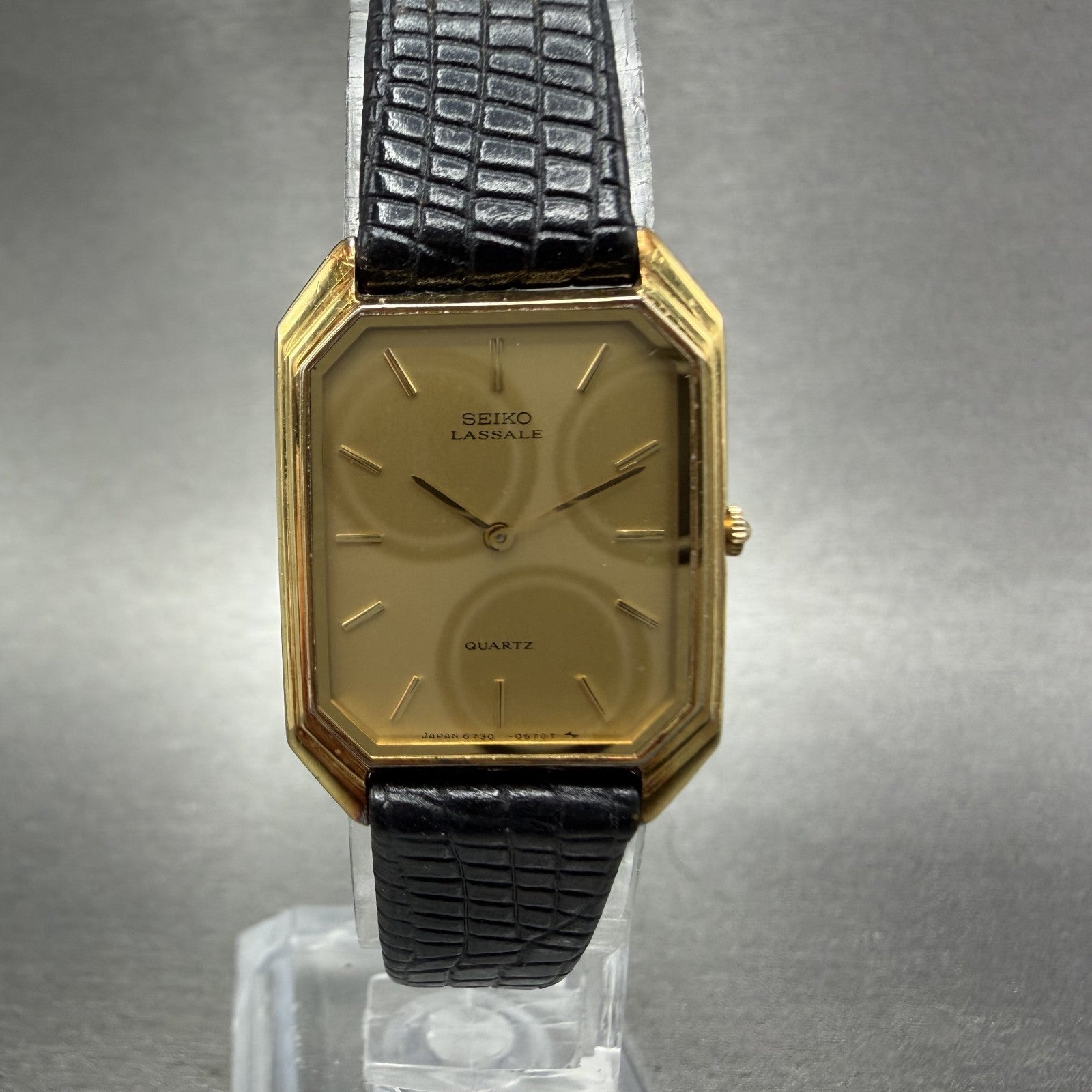 Seiko Lassale Tank Watch Women 20mm Champagne Dial Gold Tone 6730-5299 New Batt0