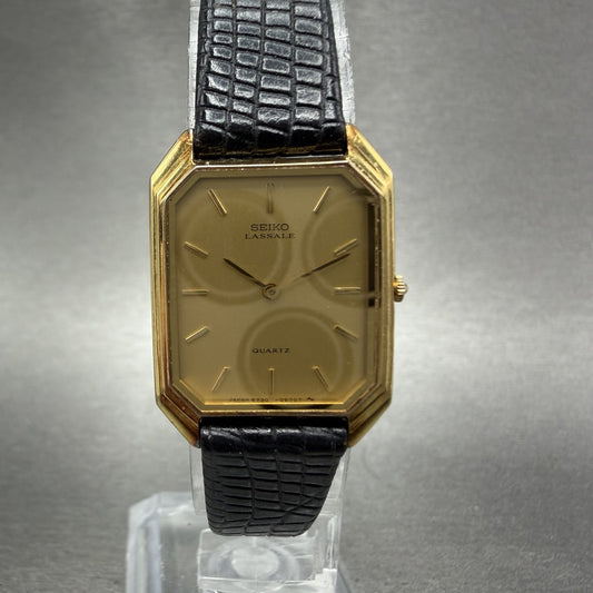 Seiko Lassale Tank Watch Women 20mm Champagne Dial Gold Tone 6730-5299 New Batt0