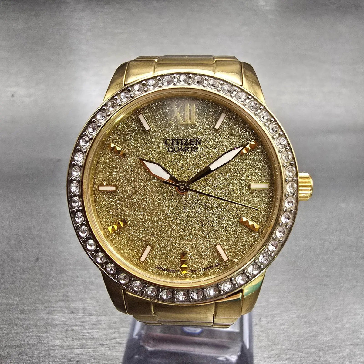 Citizen Watch Men 35mm Gold Dial Gold Tone Gemmed Round 1032-S086248 New Battery0