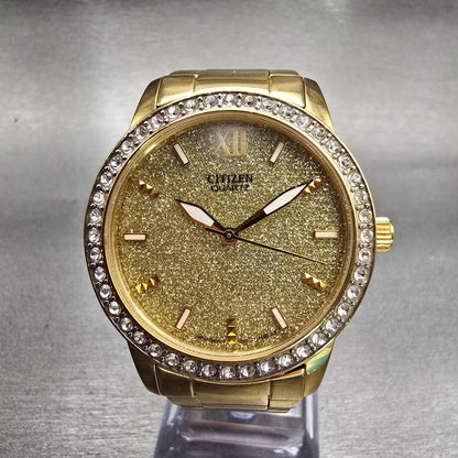 Citizen Watch Men 35mm Gold Dial Gold Tone Gemmed Round 1032-S086248 New Battery0