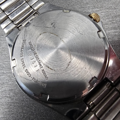 Seiko SQ 100 Watch Men 36mm Silver Dial Silver Tone Daydate 5Y23-7029 New Batt 710