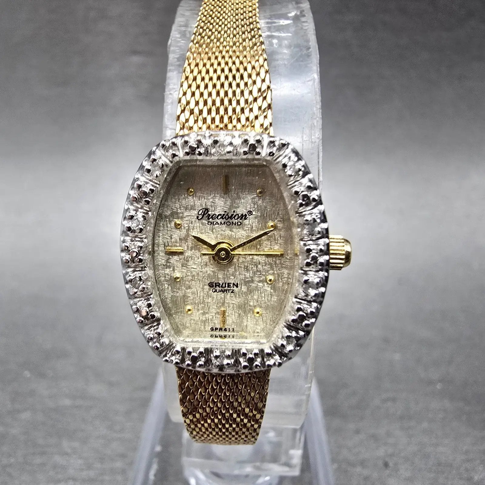Gruen Precision Watch Women 17mm Champagne Dial Gold Tone Diamond Bezel NewBatt1