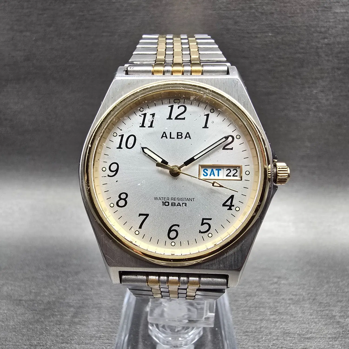 Seiko Alba Watch Men 35mm Silver Dial Two Tone Daydate 7N43-K001 New Battery0