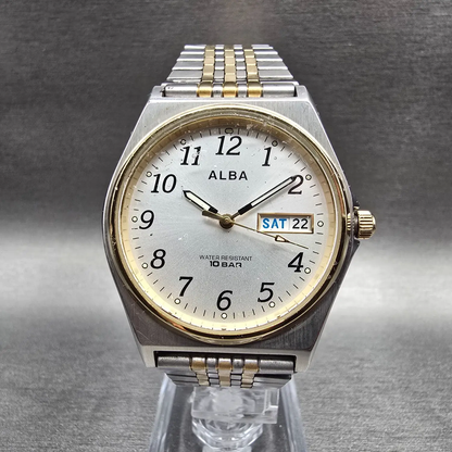 Seiko Alba Watch Men 35mm Silver Dial Two Tone Daydate 7N43-K001 New Battery0