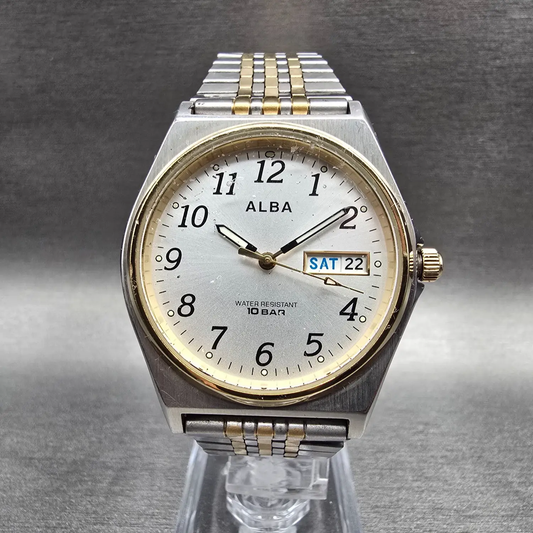 Seiko Alba Watch Men 35mm Silver Dial Two Tone Daydate 7N43-K001 New Battery0