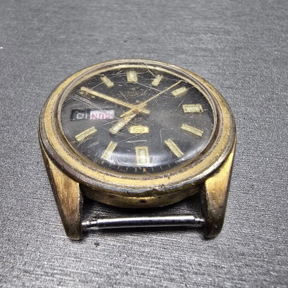 Seiko 5 Automatic Watch Men 37mm Black Gold Tone Daydate 6119-8080 Round PARTS5