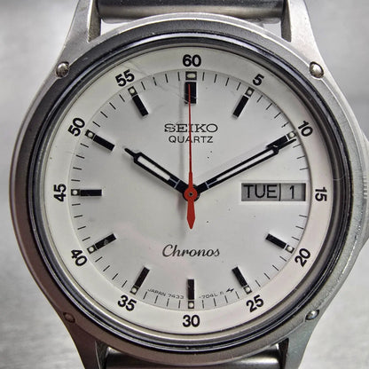 Seiko Chronos Watch Men 34mm White Dial Silver Tone Daydate 7433-7030 New Batt1