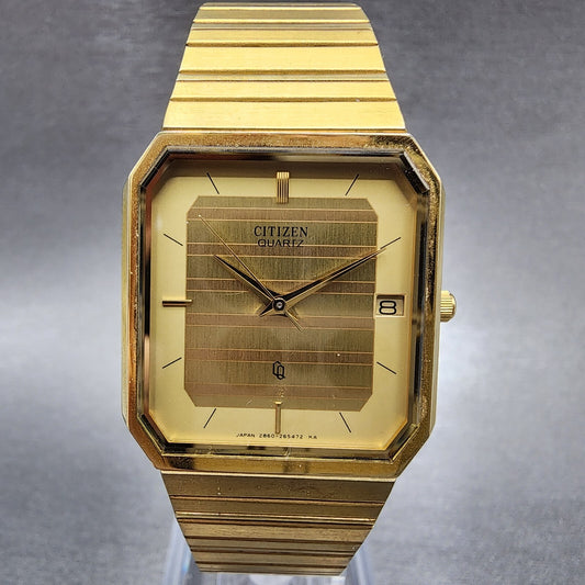 Citizen CQ Tank Watch Women 27mm Gold Dial Gold Tone Rectangle New Battery0