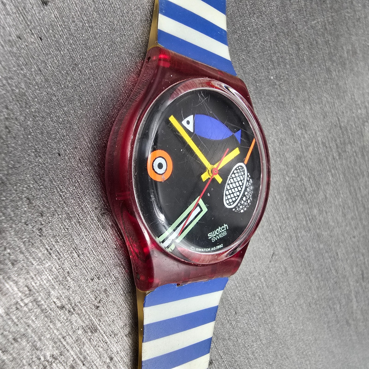 Swatch Fritto Misto Watch Men 34mm Black Dial Red Case Round GR114 New Battery3