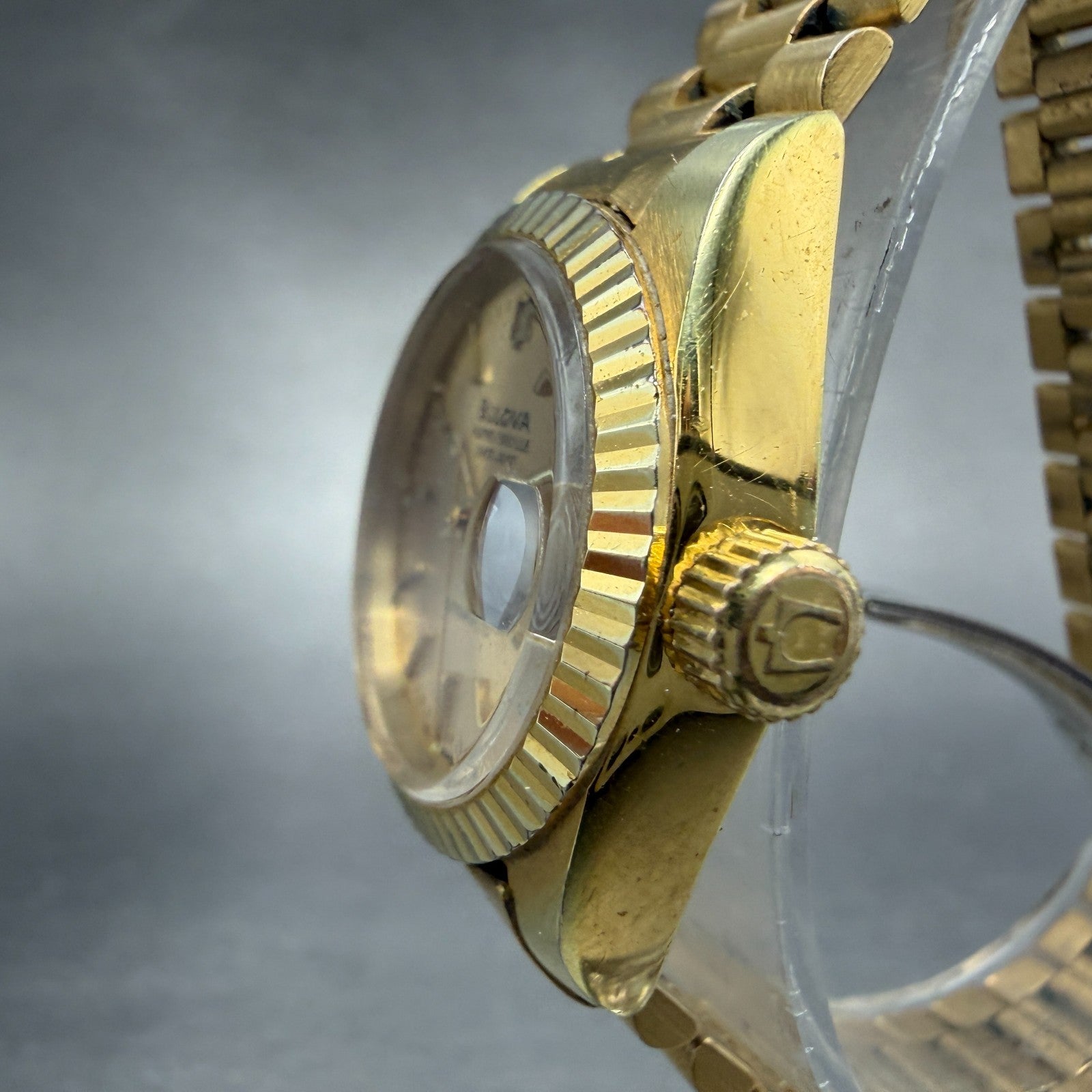 Bulova Super Seville Date Just Watch Women 26mm Gold Dial Gold Tone Automatic KL2