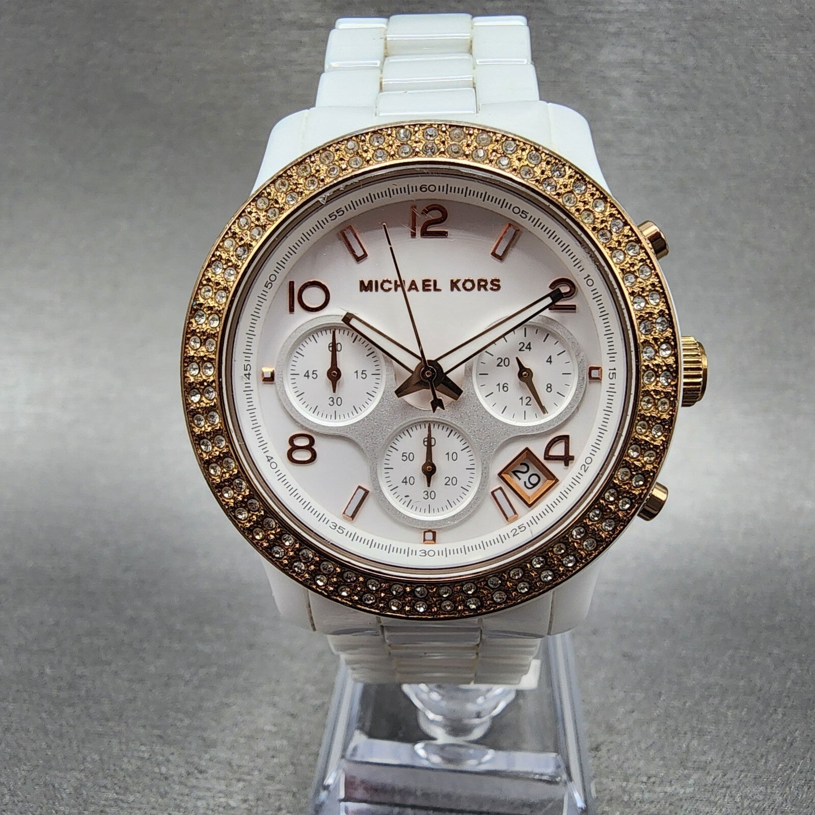 Michael kors Chronograph Watch Women 39mm White Dial Ceramic Date Round New Batt0