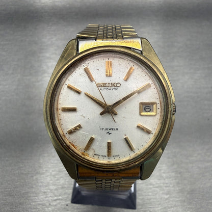 Seiko Automatic Watch Men 36mm White Dial Gold Tone Date Round 7005-8022 Works0