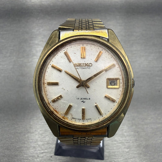 Seiko Automatic Watch Men 36mm White Dial Gold Tone Date Round 7005-8022 Works0