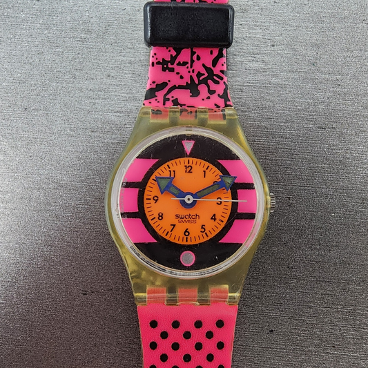 Swatch lady Pink Betty Watch Women 25mm Pink Dial Clear Case Round BROKEN BAND0