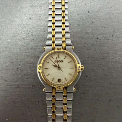 Gucci 9000L Watch Women 25mm Cream Dial Two Tone Date Round NO CASEBACK PARTS0