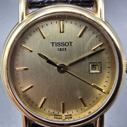 Tissot Carson Watch Women 27mm Gold Dia 18K Gold Case Date T71.3.129.21 New Batt1