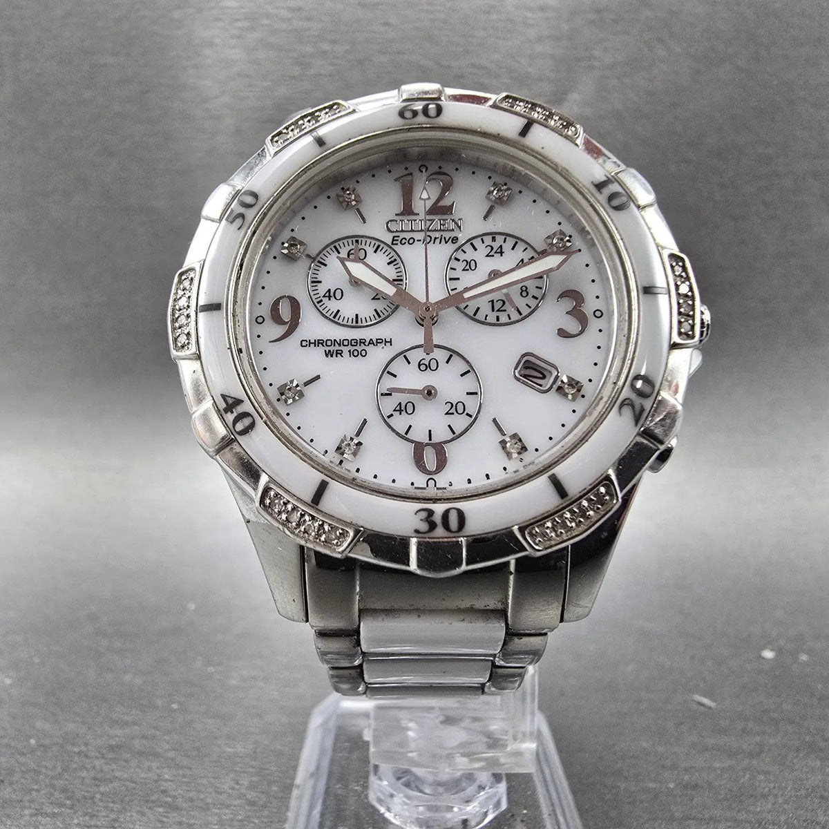 Citizen Eco-Drive Chronograph Watch Women 39mm White Dial Steel Diamonds Runs5
