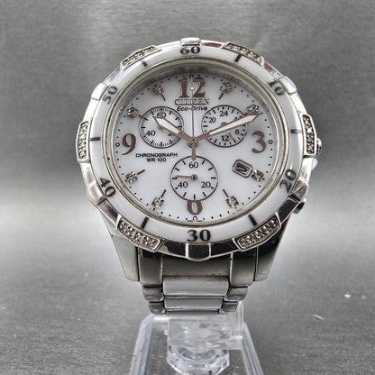 Citizen Eco-Drive Chronograph Watch Women 39mm White Dial Steel Diamonds Runs5