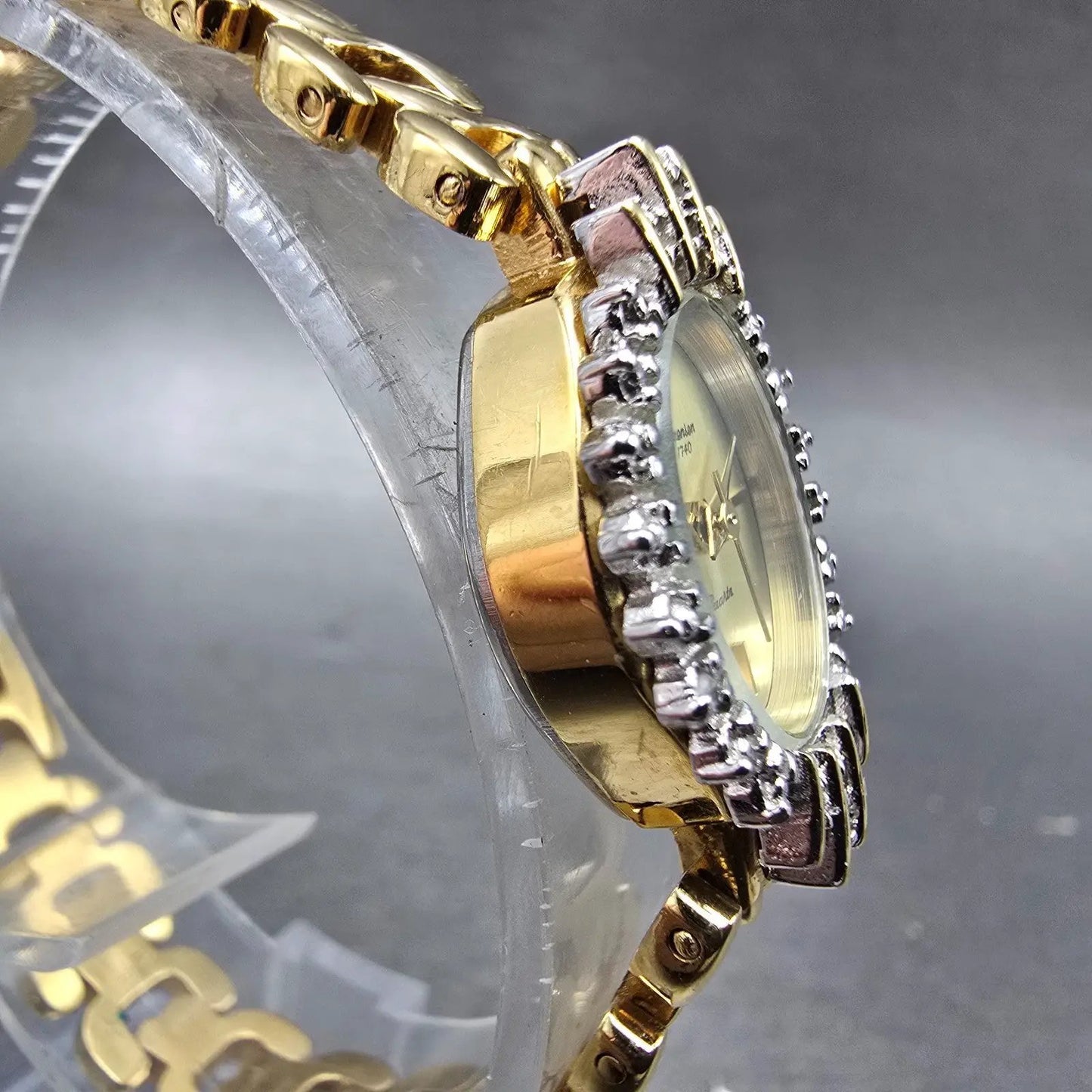 Jules Jurgenson Watch Women 17mm Champagne Dial Gold Oval Gem Set Bezel New Batt3