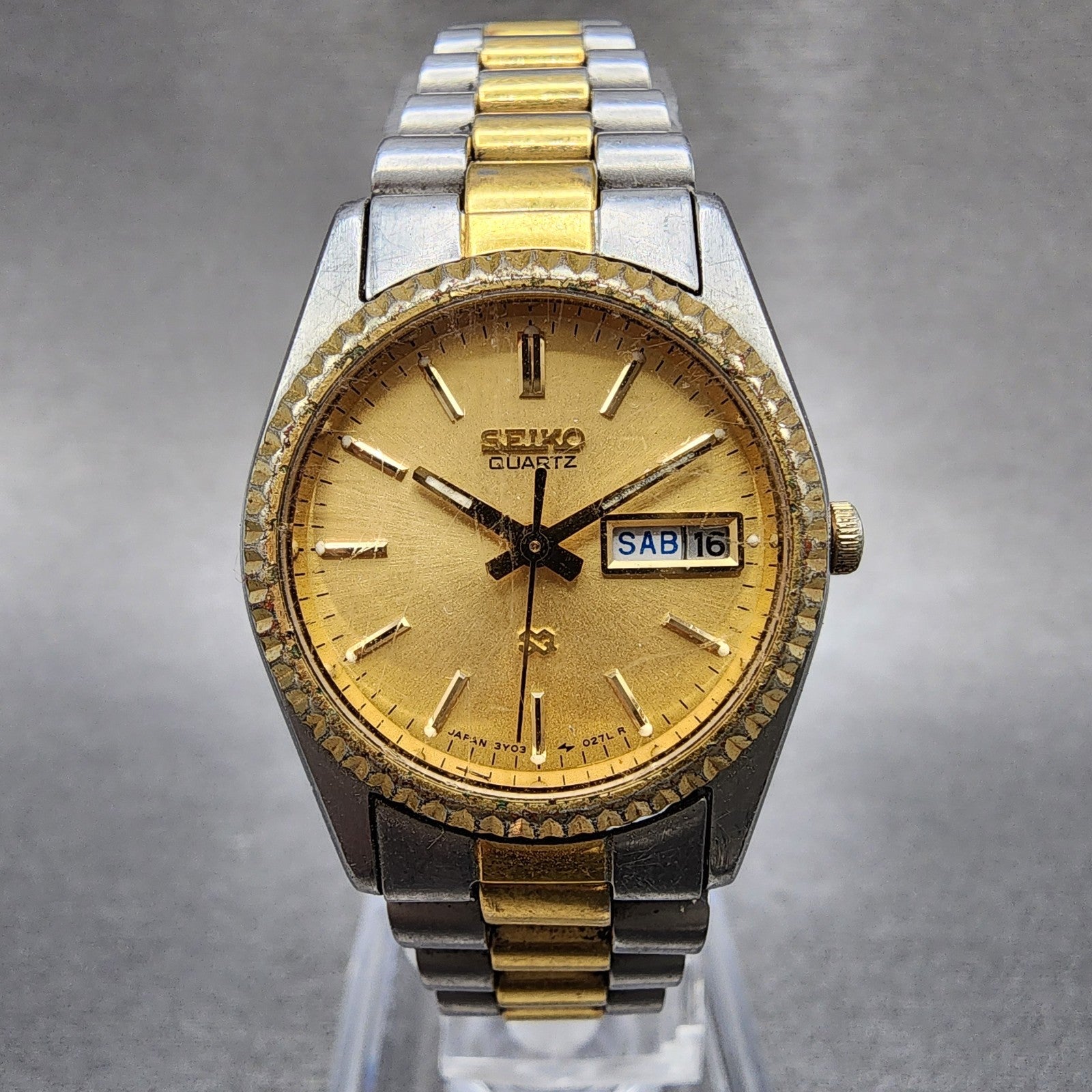 Seiko SQ Watch Women 24mm Gold Dial Two Tone Daydate 24mm Round New Battery B120