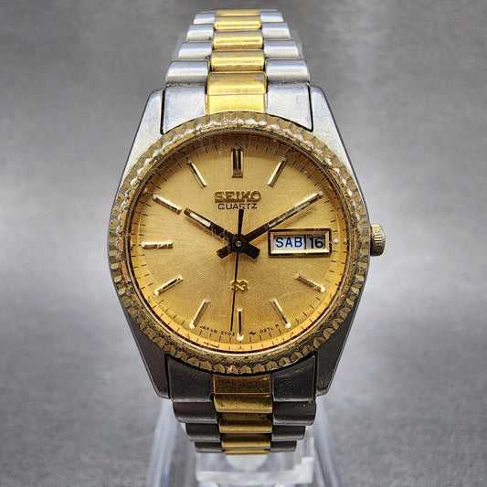 Seiko SQ Watch Women 24mm Gold Dial Two Tone Daydate 24mm Round New Battery B120