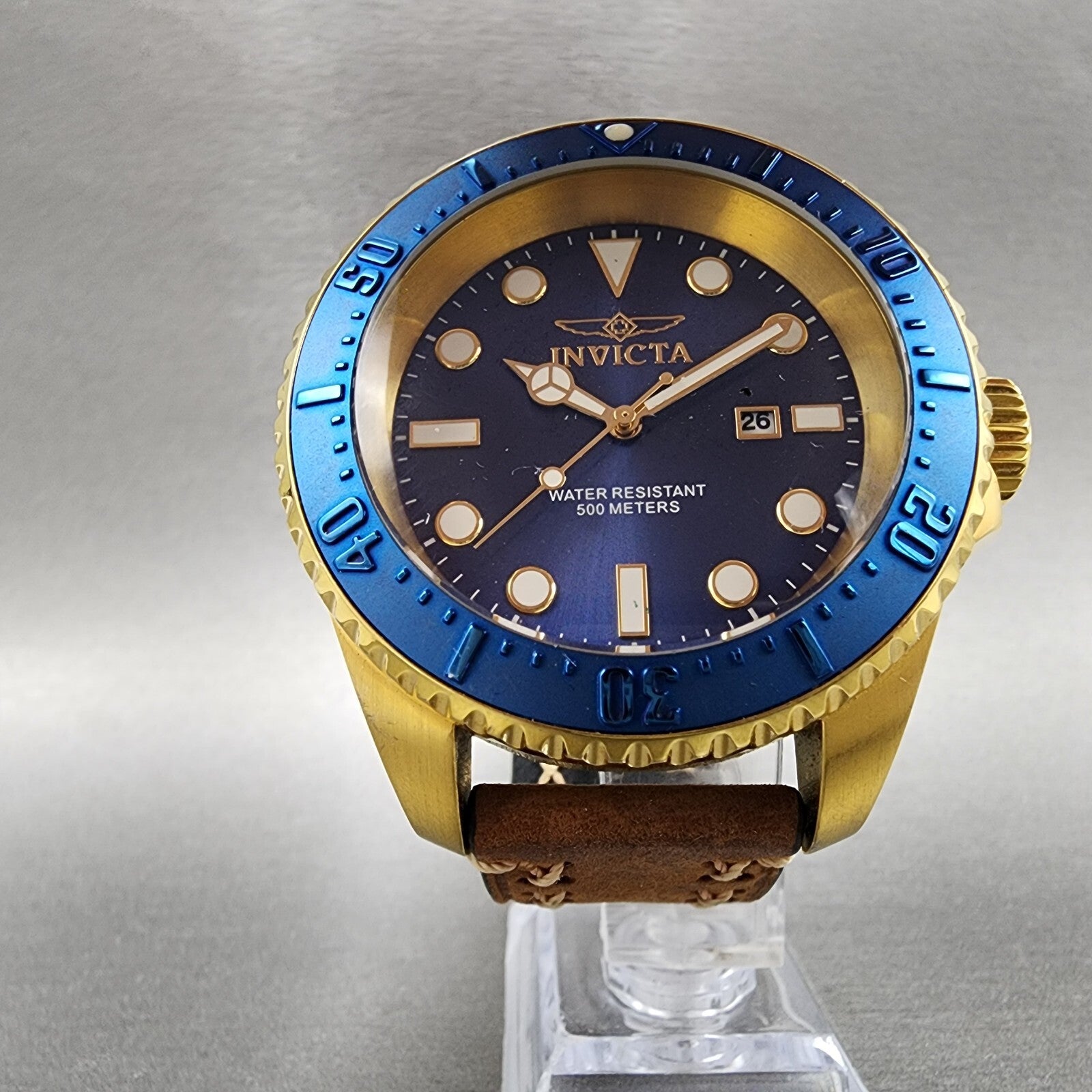 Invicta Pro Diver Watch Men Blue Dial Gold Tone Date Round 17581 New Batt READ!!6