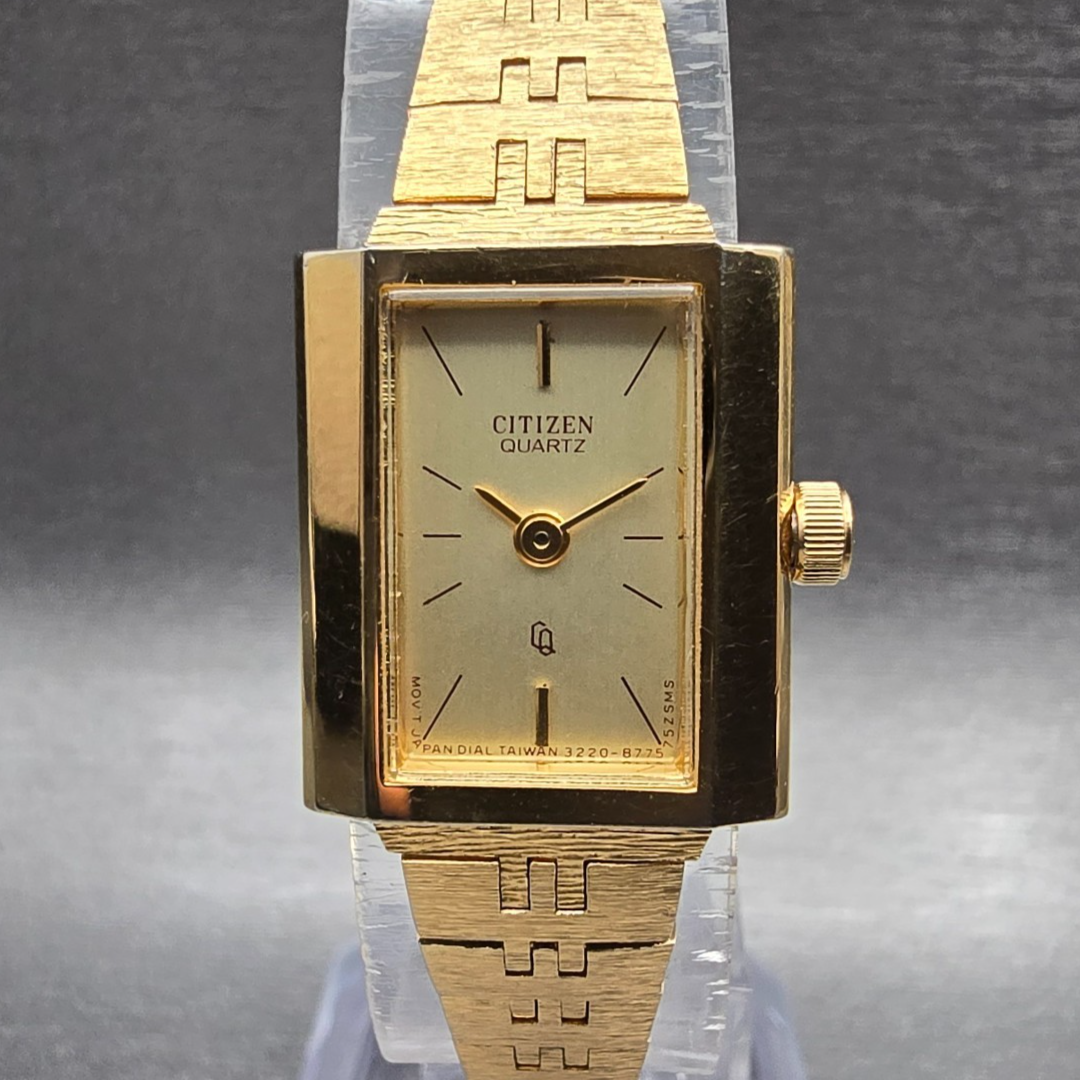 Citizen CQ Watch Women 17mm Gold Dial Gold Tone Rectangle 3220-S16911 New Batt0
