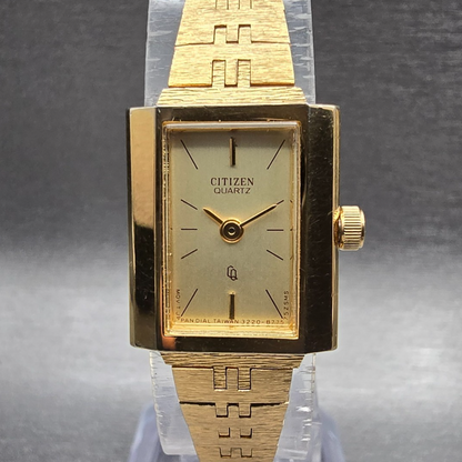 Citizen CQ Watch Women 17mm Gold Dial Gold Tone Rectangle 3220-S16911 New Batt0